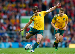 LONDON, ENGLAND - OCTOBER 10: Bernard Foley of Australia kicks at goal during the 2015 Rugby World Cup Pool A match between Australia and Wales at Twickenham Stadium on October 10, 2015 in London, United Kingdom.  (Photo by Shaun Botterill/Getty Images)