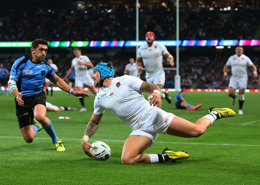 Jack Nowell of England scores his first try of a hat-trick against Uruguay