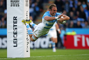 LEICESTER, ENGLAND - OCTOBER 11:  PJ van Lill of Argentina dives over to score a try during the 2015 Rugby World Cup Pool C match between Argentina and Namibia at Leicester City Stadium on October 11, 2015 in Leicester, United Kingdom.  (Photo by Ben Hoskins/Getty Images)