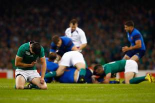 Ireland's Jonathan Sexton pulls up injured, France v Ireland, Rugby World Cup, Millennium Stadium, Cardiff, October 11, 2015