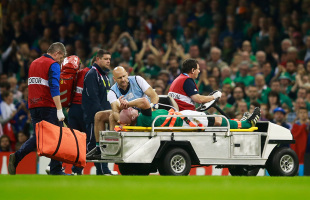  Paul O'Connell of Ireland is stretchered off during the 2015 Rugby World Cup Pool D match between France and Ireland at Millennium Stadium on October 11, 2015 in Cardiff, United Kingdom. (Photo by Phil Walter/Getty Images)