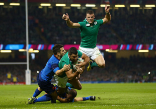 CARDIFF, WALES - OCTOBER 11:  Rob Kearney of Ireland scores their first try during the 2015 Rugby World Cup Pool D match between France and Ireland at Millennium Stadium on October 11, 2015 in Cardiff, United Kingdom.  (Photo by Michael Steele/Getty Images)