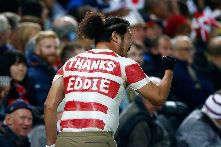 A Japanese fan shows his support for head coach Eddie Jones
