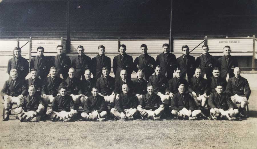 The 1939-1940 Wallabies pose for a team photograph at Torquay rugby ground. The backdrop even now is virtually the same