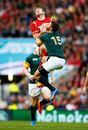 Dan Biggar of Wales wins a high ball under pressure from Willie Le Roux to set up a first-half try for Gareth Davies