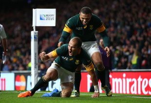 Fourie Du Preez of South Africa celebrates his try with Bryan Habana, South Africa v Wales, Rugby World Cup, Twickenham Stadium, London, October 17, 2015