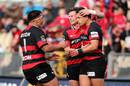 Canterbury's Daniel Lienert-Brown, Mitchell Drummond and Rob Thompson celebrate a try