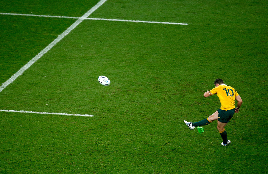 Bernard Foley of Australia kicks the match winning penalty