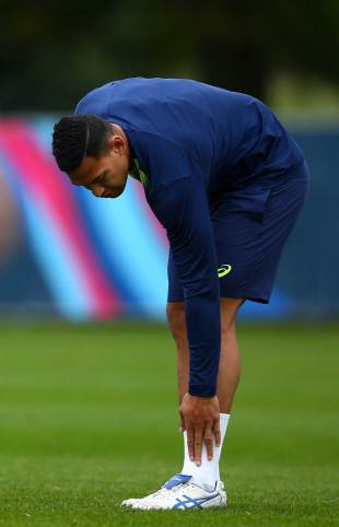 Israel Folau checks his injured ankle, Wallabies training session, Rugby World Cup, Lensbury Hotel, London, October 21, 2015

