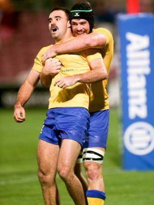 Brisbane City's Nick Frisby (l) and Liam Gill celebrate a try, Brisbane City v Sydney Stars, National Rugby Championship, Ballymore, October 24, 2015