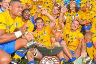 Liam Gill and his Brisbane City team-mates celebrate their title victory, Brisbane City v UC Vikings, National Rugby Championship, grand final, Ballymore Stadium, Brisbane, October 31, 2015
