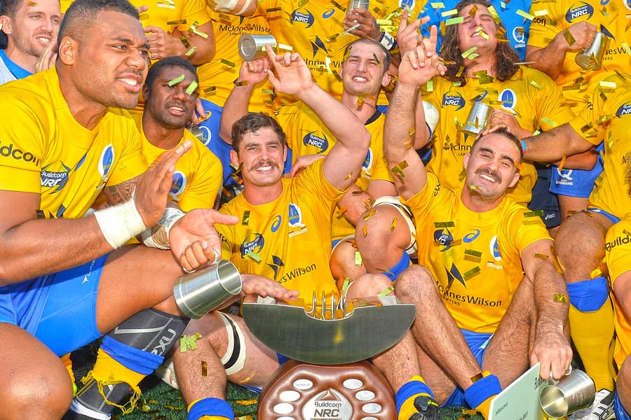 Liam Gill and his Brisbane City team-mates celebrate winning back-to-back National Rugby Championship titles