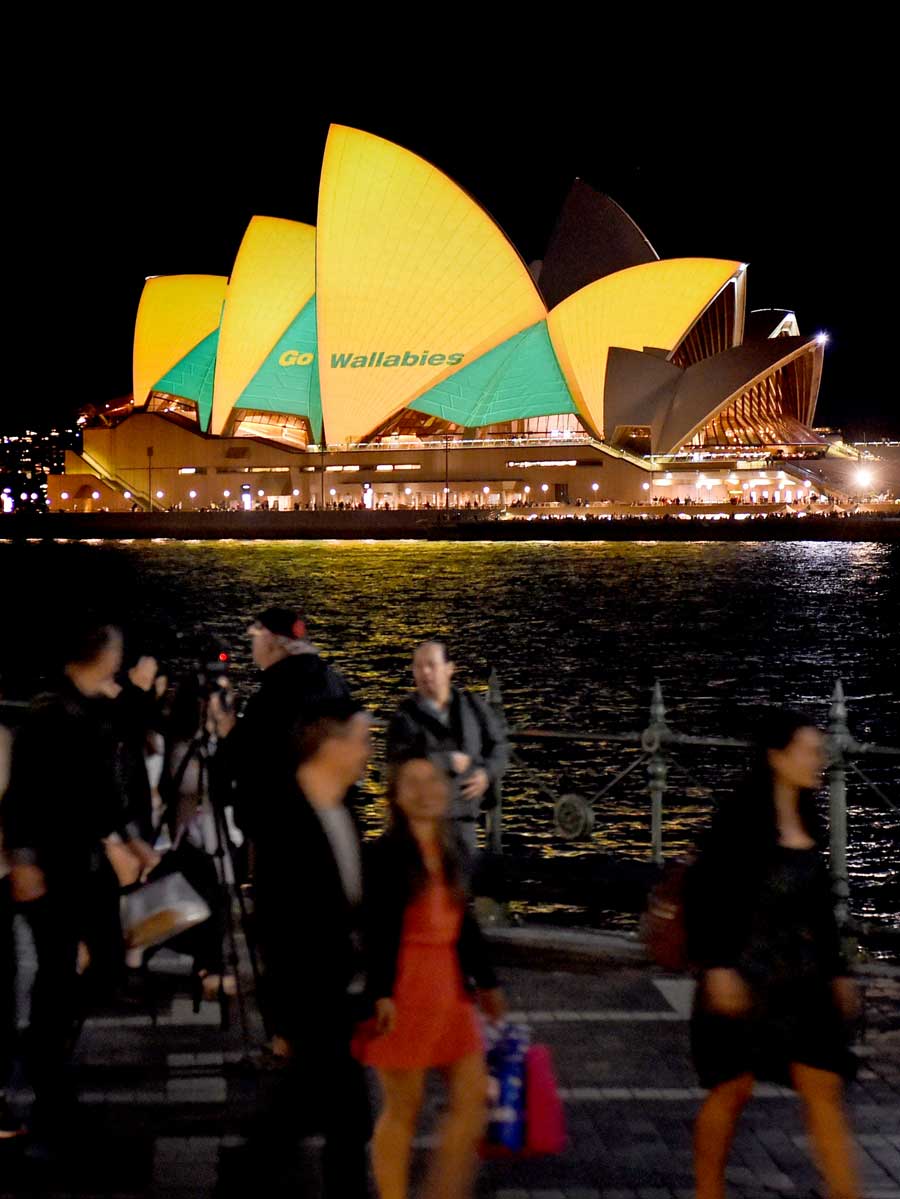 The Opera House in Sydney has been lit up in Australian colours to support the Wallabies