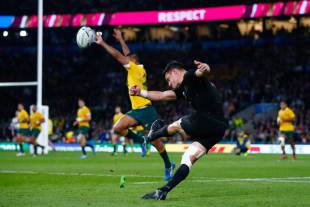 New Zealand's Dan Carter kicks a conversion, New Zealand v Australia, Rugby World Cup, final, Twickenham Stadium, London, October 31, 2015

