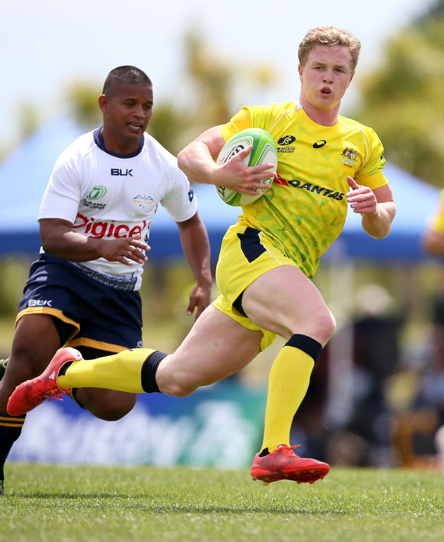 Henry Hutchison of Australia in action against Nauru during the World Sevens Oceania Olympic Qualification match