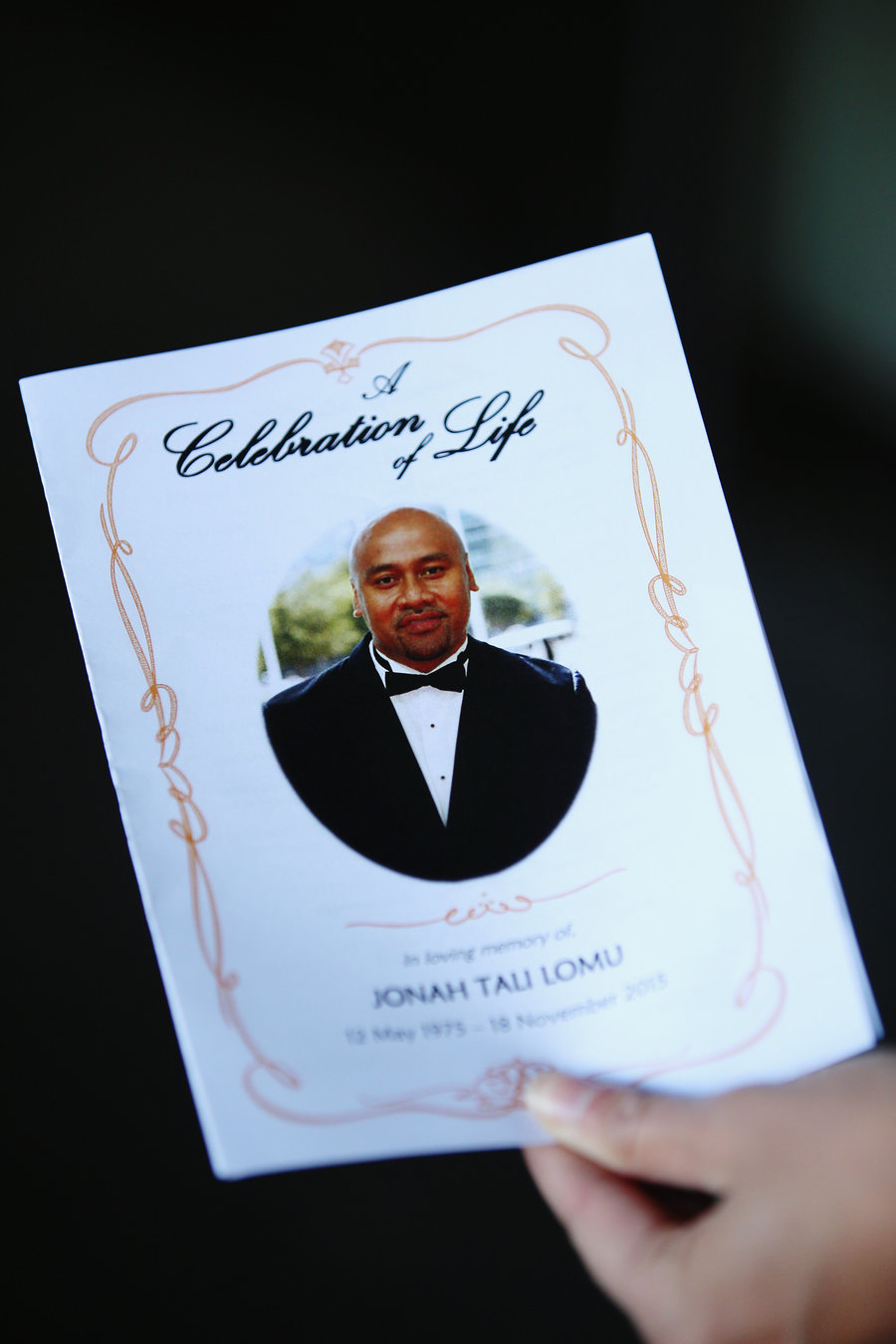 The order of service is seen for a public memorial service for Jonah Lomu at Lotofalei'a Tongan Methodist Church