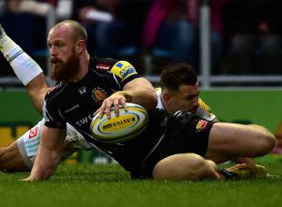 James Short of Exeter Chiefs dives over for his side's first try during the Aviva Premiership match between Exeter Chiefs and Harlequins at Sandy Park on November 28, 2015 in Exeter, England. (Photo by Dan Mullan/Getty Images)
