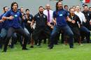 Former and current New Zealand rugby and rugby league players including Steven Luatua, Ruben Wiki and Tana Umaga perform a haka at the Public Memorial for Jonah Lomu.
