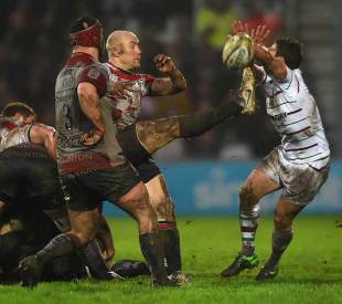 Willi Heinz of Gloucester Rugby kicks the ball during the Aviva Premiership match between Gloucester Rugby and London Irish at Kingsholm Stadium on January 2, 2016 in Gloucester, England.
