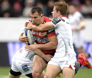 Oyonnaxs French hooker Jeremie Maurouard (L) vies with Ulsters Northern Irish scrumhalf Paul Marshall (R) during the European Rugby Champions Cup pool rugby union match between Oyonnax and Ulster on January 10, 2016 at the Charles-Mathon stadium in Oyonnax, central eastern France