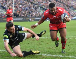 Steffon Armitage of RC Toulon scores a try during the European Rugby Champions Cup match between Bath Rugby and RC Toulon at Recreation Ground on January 23, 2016 in Bath, England.