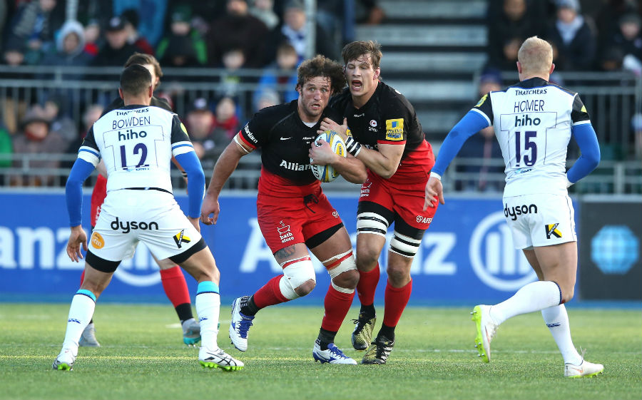 Jacques Burger of Saracens takes on the Bath defence with Michael Rhodes in support