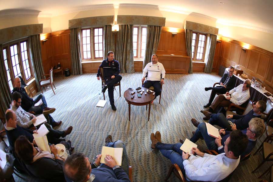 Eddie Jones faces the media at Pennyhill Park