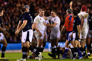 EDINBURGH, SCOTLAND - FEBRUARY 06: Dylan Hartley the England captain congratulated by teammate George Ford after the forwards win a penalty at a scrummage during the RBS Six Nations match between Scotland and England at Murrayfield Stadium on February 6, 2016 in Edinburgh, Scotland.  (Photo by Stu Forster/Getty Images)