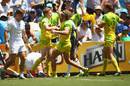 Australia's Henry Hutchison celebrates his Sydney 7s Cup quarterfinal-winning try against England