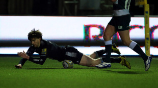 NEWCASTLE UPON TYNE, ENGLAND - FEBRUARY 12: Simon Hammersley of Newcastle Falcons scores a try during the Aviva Premiership match between Newcastle Falcons and Leicester Tigers at Kingston Park on February 12, 2016 in Newcastle upon Tyne, England. (Photo by Nigel Roddis/Getty Images)