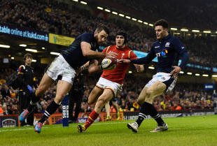 CARDIFF, WALES - FEBRUARY 13:  Tommy Seymour of Scotland takes a cross kick to score his team's first try during the RBS Six Nations match between Wales and Scotland at the Principality Stadium on February 13, 2016 in Cardiff, Wales.  (Photo by Stu Forster/Getty Images)