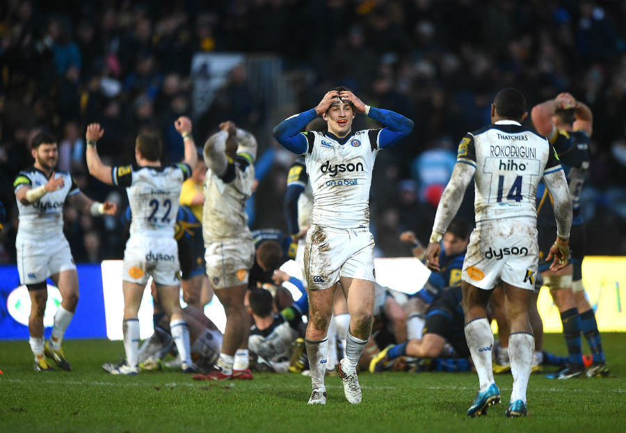 Max Clark of Bath Rugby celebrates victory