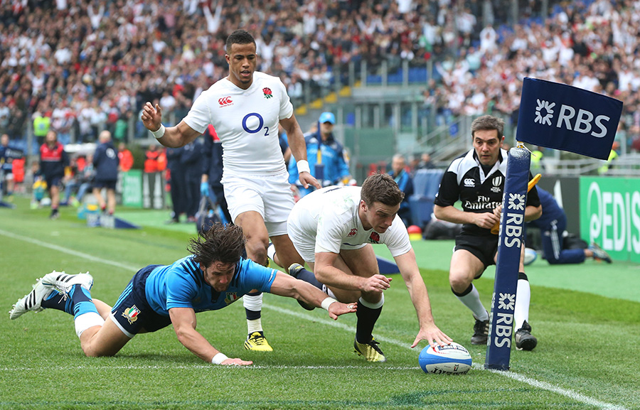 George Ford of England touches down to score the opening try 