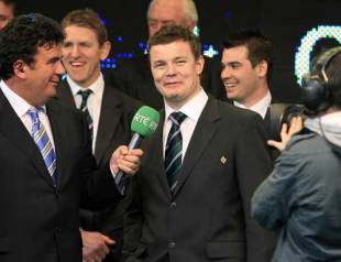 Ireland captain Brian O'Driscoll smiles as he is interviewed in Dublin, Ireland's homecoming following their Grand Slam triumph in the 2009 Six Nations, Mansion House, Dublin, March 22, 2009
