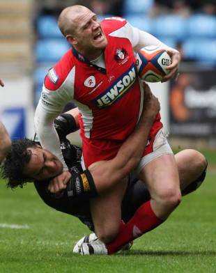 Gloucester's Mike Tindall is injured as he is tackled by the Ospreys' Sonny Parker , Gloucester v Ospreys, Anglo-Welsh Cup Semi-FInal, Ricoh Arena, Coventry, England, March 28, 2009