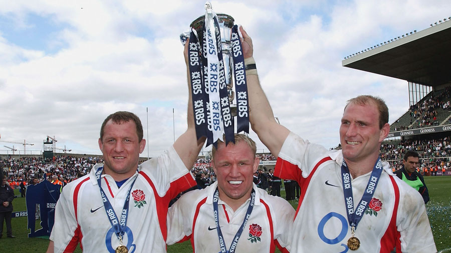 England's Richard Hill, Neil Back and Lawrence Dallaglio celebrate with the Six Nations Championship trophy