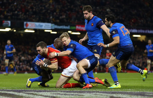 CARDIFF, WALES - FEBRUARY 26:  George North of Wales crashes over the line to score the opening try during the RBS Six Nations match between Wales and France at the Principality Stadium on February 26, 2016 in Cardiff, Wales.  (Photo by David Rogers/Getty Images)