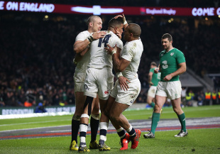 LONDON, ENGLAND - FEBRUARY 27:  Anthony Watson of England is congratulated by teammates Mike Brown (L) and Jonathan Joseph (R) during the RBS Six Nations match between England and Ireland at Twickenham Stadium on February 27, 2016 in London, England.  (Photo by Steve Bardens - RFU/The RFU Collection via Getty Images)