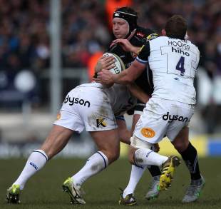 Thomas Waldrom of Exeter is tackled by Ross Batty, Exeter Chiefs v Bath, Aviva Premiership, Sandy Park, February 28, 2016