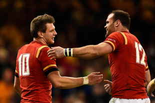 CARDIFF, WALES - MARCH 19: Dan Biggar of Wales is congratulated by teammate Jamie Roberts after scoring his team's second try during the RBS Six Nations match between Wales and Italy at the Principality Stadium on March 19, 2016 in Cardiff, Wales. (Photo by Stu Forster/Getty Images)