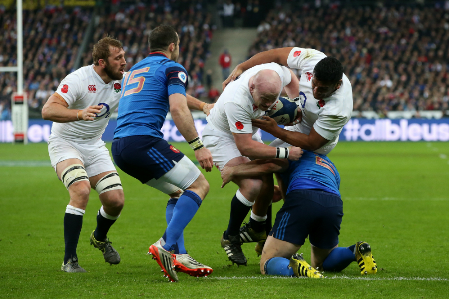 Dan Cole is tackled short of the try line before touching down