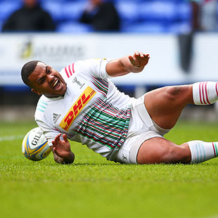 Kyle Sinckler of Harlequins celebrates as he touches down a try during the Aviva Premiership match between London Irish and Harlequins at the Madejski Stadium on May 01, 2016 in Reading, England. (Photo by Jordan Mansfield/Getty Images)