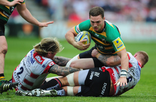 George North of Northampton Saints is tackled by Richard Hibbard of Gloucester Rugby(L) and Ross Moriarty of Gloucester Rugby during the Aviva Premiership match between Gloucester Rugby and Northampton Saints at Kingsholm on May 07, 2016 in Gloucester, England. (Photo by Harry Trump/Getty Images)