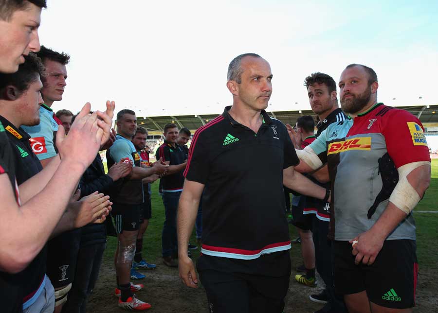 The Harlequins players applaud Conor O'Shea in his final match in charge at the Stoop