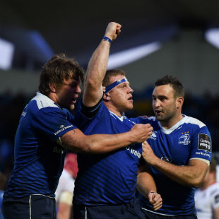 Sean Cronin, centre, of Leinster celebrates after scoring his side's third try with team-mates Jordi Murphy, left, and Dave Kearney during the Guinness PRO12 Play-off match between Leinster and Ulster at the RDS Arena in Dublin. (Photo By Stephen McCarthy/Sportsfile via Getty Images)