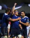Sean Cronin, centre, of Leinster celebrates after scoring his side's third try 