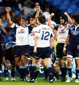 The Waratahs' Sekope Kepu leads the celebrations after his side's victory over the Blues, Blues v Waratahs, Super 14, Eden Park, Auckalnd, New Zealand, March 27, 2009