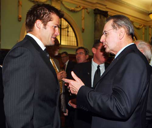 All Blacks captain Richie McCaw chats to IOC President Jacques Rogge