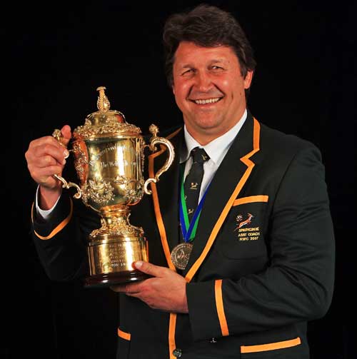 South Africa forwards coach Gert Smal poses with the Rugby World Cup