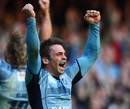 Cardiff Blues fly-half Nick Robinson celebrates victory over Toulouse